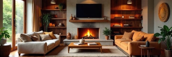 Cozy living room with a warm, inviting atmosphere, featuring a fireplace and comfortable seating  Perfect for relaxation and family gatherings , books, wallpaper