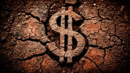 Image depicts dollar sign symbol carved into cracked earth, representing economic themes