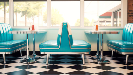 A retro-style diner interior with three chrome and turquoise vinyl dining booths arranged in a row.