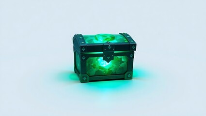 A crystal-embedded treasure box with a pixelated emerald glow, displayed alone on a bright white minimalistic background
