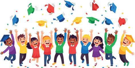 Graduation celebration with diverse children throwing mortarboards