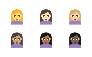 Six surprised woman emojis with different skin tones and hair color on a white isolated background