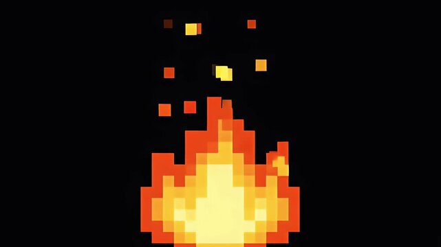 Vibrant Pixel Fire Animation Loop Isolated on Black Screen for Retro Game Visuals and Dynamic Motion Graphics