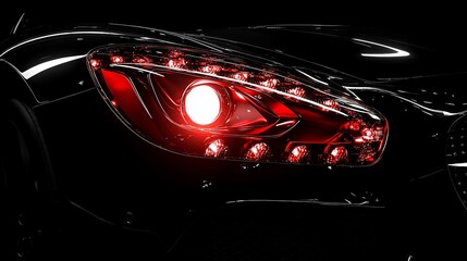Close-up of sleek, glossy, black car headlight with a glowing red surround and bright, circular central beam. Reflective, polished body