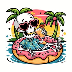 Relaxing skeleton on vacation with tropical sunset and donut pool float