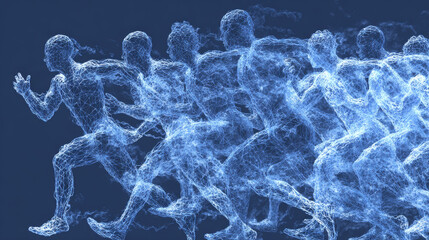 Blue dynamic silhouette of diverse group of people running background illustration