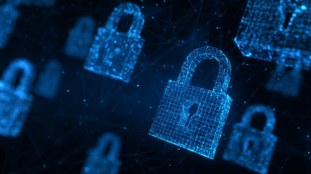 Futuristic cyber security vector illustration. Data security scanning. Wireframe locks on blue background. Padlock technology, cybersecurity, and digital encryption.