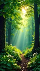 Lush green forest scene, sunlight dappling through leaves, vibrant foliage, peaceful nature Perfect for environmental, nature, and travel projects , growth, greens, summer