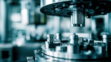 Industrial machinery components in a clean metallic setting, showcasing automated assembly line details.