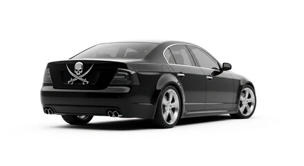 Rebellious Ride: Sleek Black Sedan with Pirate Skull and Swords Emblem in Motion.