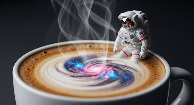 Miniature astronaut relaxing on a cup of cosmic galaxy latte art
