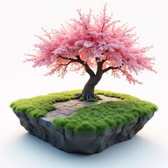 A piece of land containing a part of isolated park and a cherry tree with full spring blossom , 3d render on white background
