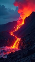 Fototapeta premium Majestic lava flow cascading down a volcanic slope in Hawaii, glowing red hot against the night sky Witness the raw power and beauty of nature's fiery spectacle , volcano, scenery