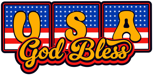Fototapeta premium God bless USA retro Y2K sticker or label. United States of America travel souvenir retro vector patch, USA country Y2K tag. American patriotic label with stars and stripes, handwritten typography