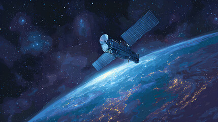 Naklejka premium Sleek High-Tech Artificial Satellite Orbiting Earth Amid Twinkling Stars Stock Illustration