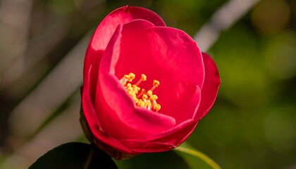 Close-up of a vibrant red flower, showcasing its detailed petals and prominent yellow stamen