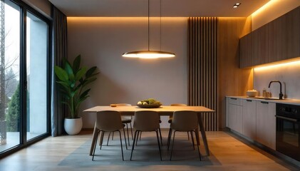 Modern minimalist LED pendant light fixture illuminates a sleek, contemporary interior space Perfect for kitchen, dining room, or living room decor , dimmable light, LED lighting, hanging light
