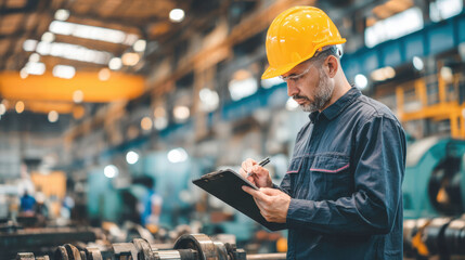 A focused male factory worker or engineer in a yellow hard hat and uniform, holding a clipboard and pen, diligently inspecting and taking notes on machinery in a blurred industrial setting