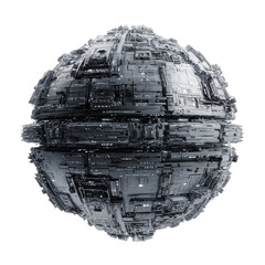 A sphere-shaped, metallic, futuristic object, detailed with intricate, segmented panels