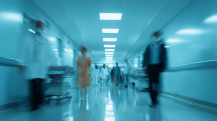 Blurred background of a hospital interior with medical equipment and people in motion, a light blue color theme.