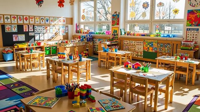 Bright and Colorful Kindergarten Classroom Filled with Learning Materials and Natural Light