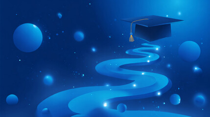 Educational trajectory, successful education journey, academic achievment and growth futuristic concept in glowing low polygonal style on blue background. Modern abstract design vector illustration
