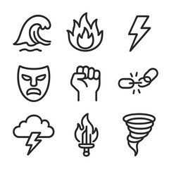 Wrathful Forces Icons. Outline icon set of wrathful forces: crashing wave, fire explosion, thunderbolt, tornado funnel, angry mask
