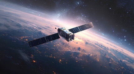 Obraz premium Sleek High-Tech Artificial Satellite Orbiting Earth Amid Twinkling Stars Stock Illustration