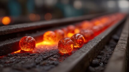Molten glass orbs rolling along heated metal tracks in a glassblowing workshop during a production process