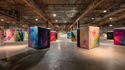 Colorful art installation inside warehouse, urban setting, background shows industrial space. Possible use art exhibit promotion