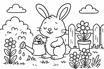 Cute bunny watering flowers in garden coloring page