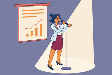 businesswoman presenting on stage, vector art, spotlight, room for text above