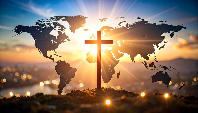 Global faith, sunrise, cross on world map