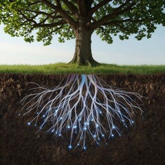 A majestic tree with vibrant green leaves stands above, its intricate, glowing roots extend deep into the earth.