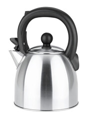 Stainless steel stovetop kettle with black handle, kitchenware for boiling water, tea preparation on transparent background
