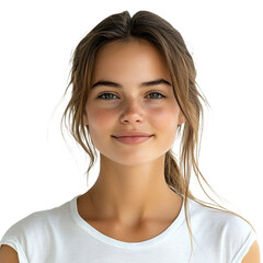 Fototapeta premium Front view close up of an extremely beautiful young woman from Finland in a white t-shirt smiling isolated on a white transparent background