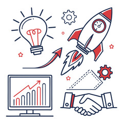 Startup Icons Set – Rocket, Funding, Workflow

