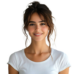 Fototapeta premium Front view close up of an extremely beautiful young woman from France in a white t-shirt smiling isolated on a white transparent background