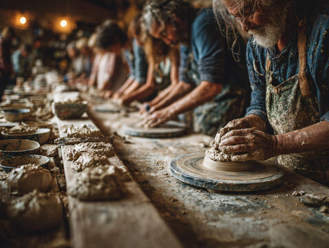 Festival participants attending a hands-on pottery workshop, focused on shaping clay at long communal tables. Expressions of concentration and joy. 
