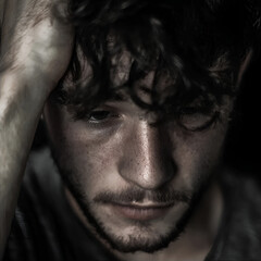 Obraz premium Professional photoshoot of a young man in depression, reflecting on his mental health problems, who needs to find a way to cope with stress. Art session in the lifestyle style.