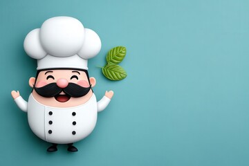 Playful cartoon chef character expressing joy with green basil leaves set against a calming turquoise backdrop designed for culinary illustrations and gastronomic creativity
