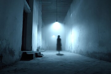 Blurred ghost silhouette walking in a dark corridor of an abandoned building illuminated by two lights, creating a spooky and eerie atmosphere