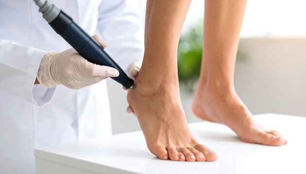 Extracorporeal shock wave therapy for heel pain, doctor applying innovative healing technique to