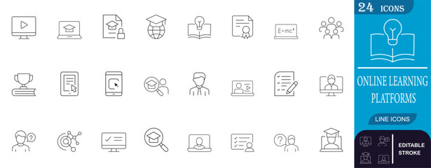 Clean and modern line icons set representing online learning platforms, ideal for educational apps, e-learning websites, digital courses, and virtual classrooms.