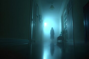 Scary ghost silhouette gliding through a dark, fog filled corridor of an old house at night, evoking a chilling and eerie atmosphere filled with suspense and mystery