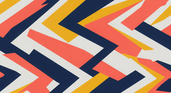 Vibrant abstract geometric pattern with jagged lines and bold color blocks in navy coral and yellow