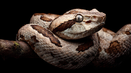 Snake Coiled on Branch with Intense Gaze in Dark Environment