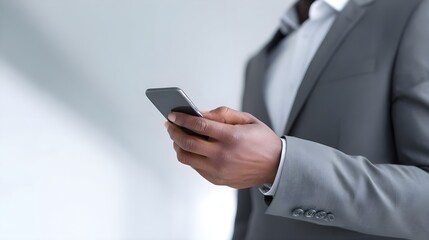 Corporate Business Attire with Mobile Device Focus in Professional Environment