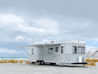 Coastal Escape: RV on a Sandy Beach under a Cloudy Sky. The perfect tranquil getaway for adventurers seeking serenity and scenic beauty.