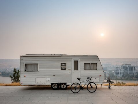 Serene RV Camping: A picturesque sunrise view with a bike, perfect for a relaxing road trip escape.